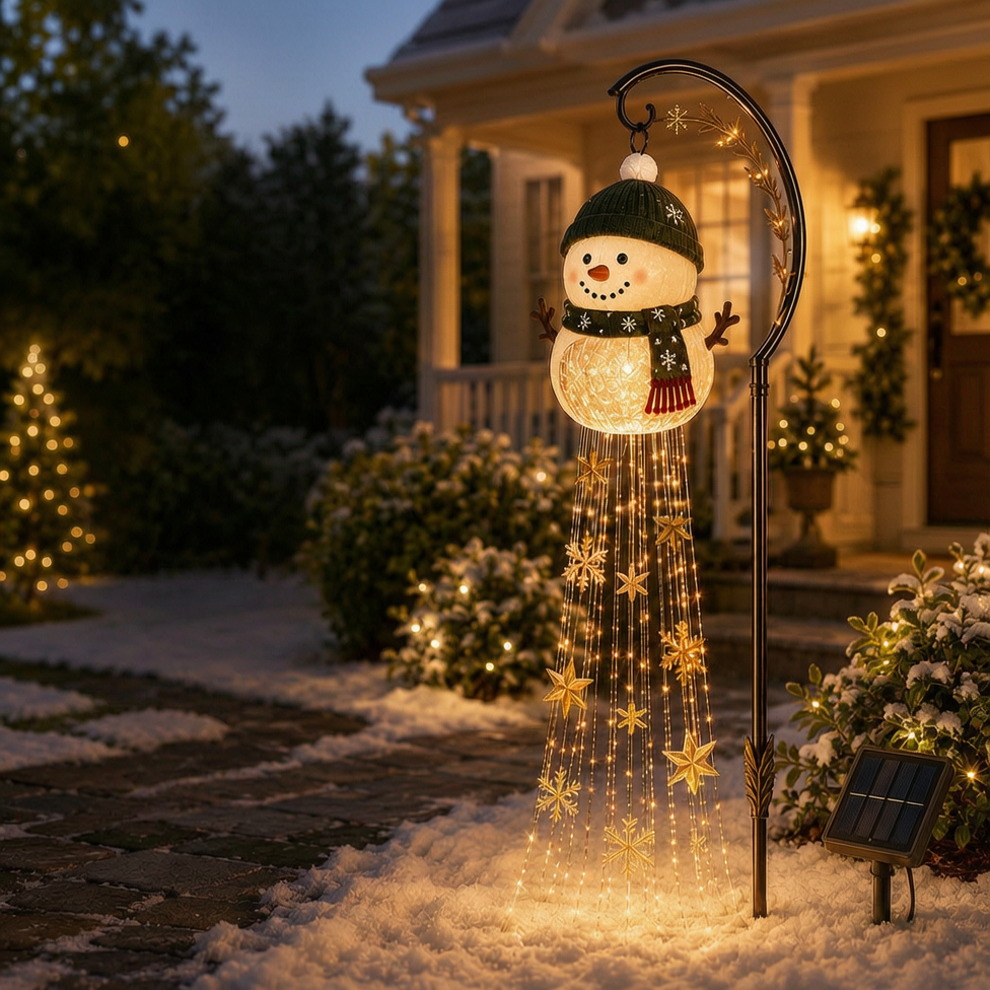⛄☀️ Fontaine magique « Bonhomme de neige nordique » — Guirlande de Noël à énergie solaire avec des flocons de neige lumineux