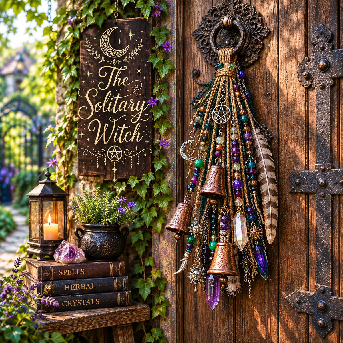 🔮🌙 The Solitary Witch Door Charm — Celestial Hanging Decor with Crystals, Feathers & Vintage Bells
