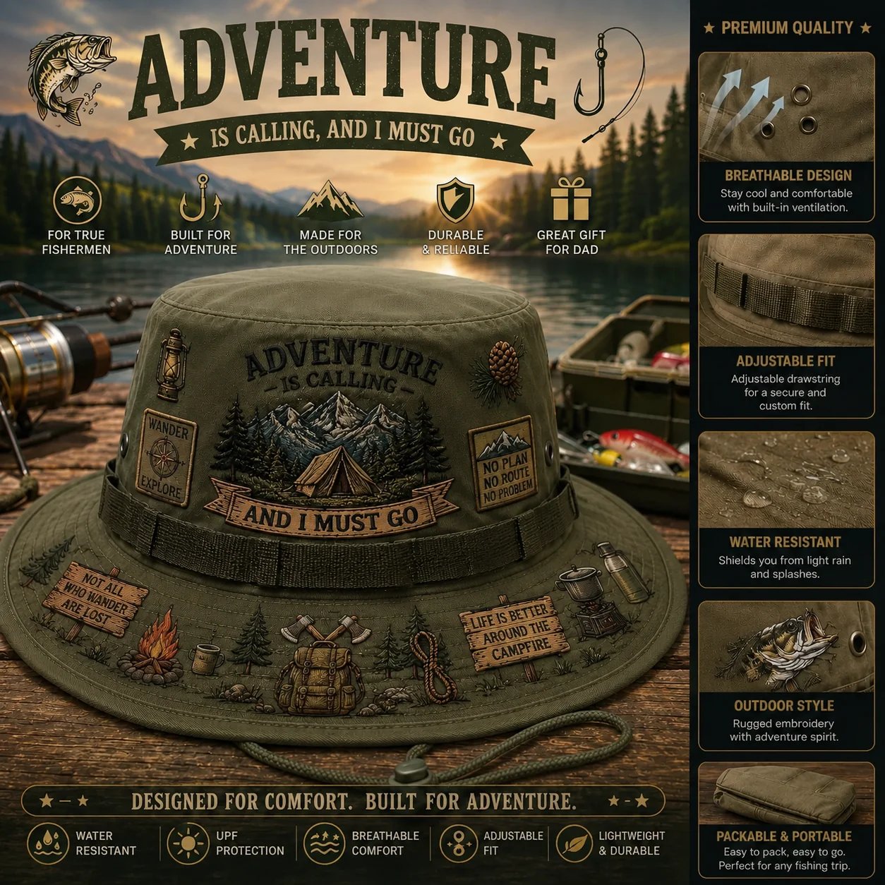 🌲 Chapeau « Adventure Is Calling » de Boonie : chapeau de soleil pour la randonnée et le camping en plein air ! 🏕️