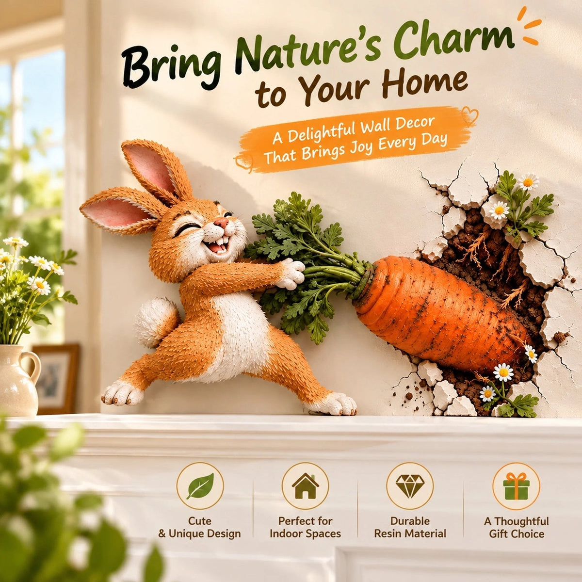 🐰🥕 Décoration murale « Lapin rigolo tirant une carotte » — Décoration de Pâques et du printemps en bois en 3D, effet « en relief »