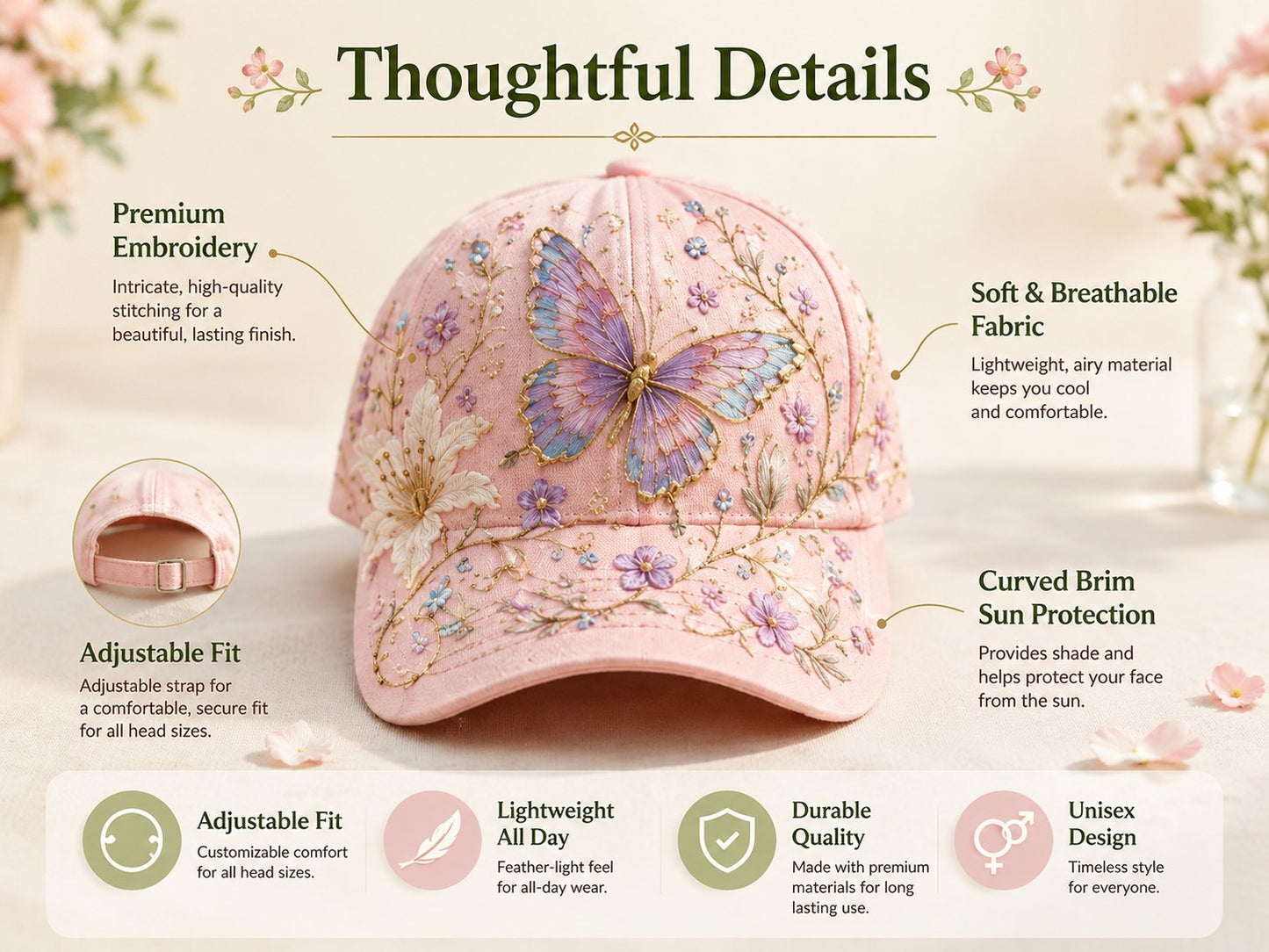 🌸🌿 Casquette de baseball « Garden Morning » : douceur du soleil et confort au quotidien ! ☀️🌱🧢