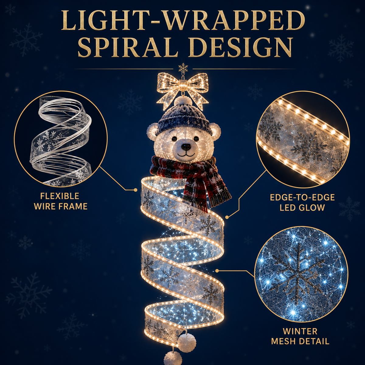🎄✨ Guirlande lumineuse de Noël en spirale à suspendre — 3 motifs festifs