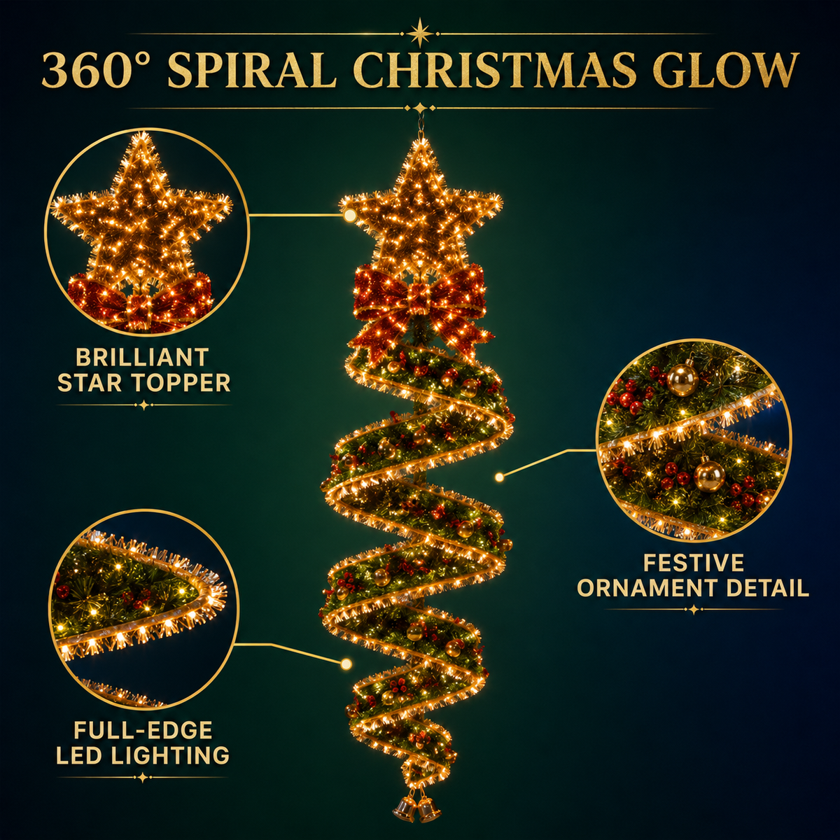🎄✨ Guirlande lumineuse de Noël en spirale à suspendre — 3 motifs festifs