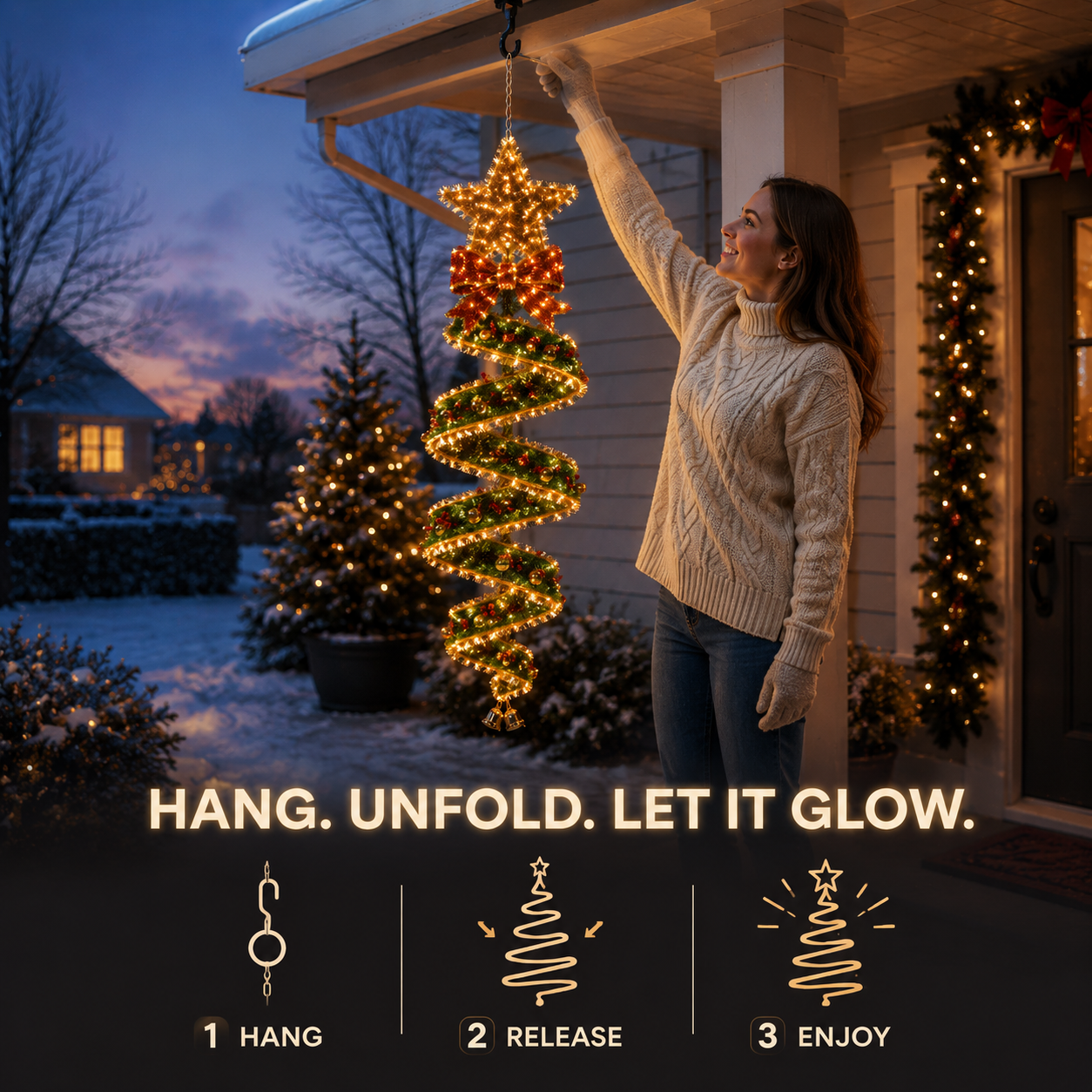 🎄✨ Guirlande lumineuse de Noël en spirale à suspendre — 3 motifs festifs