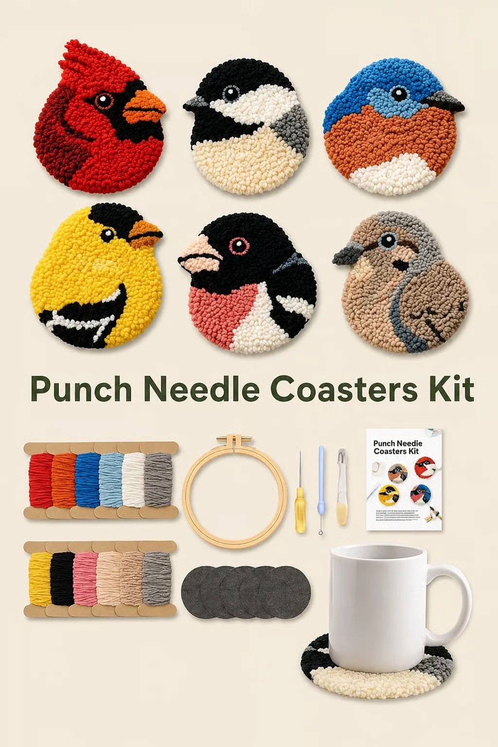 🧵Adapté aux débutants🐦Kit de broderie au poinçon pour sous-verres « Oiseaux » à réaliser soi-même