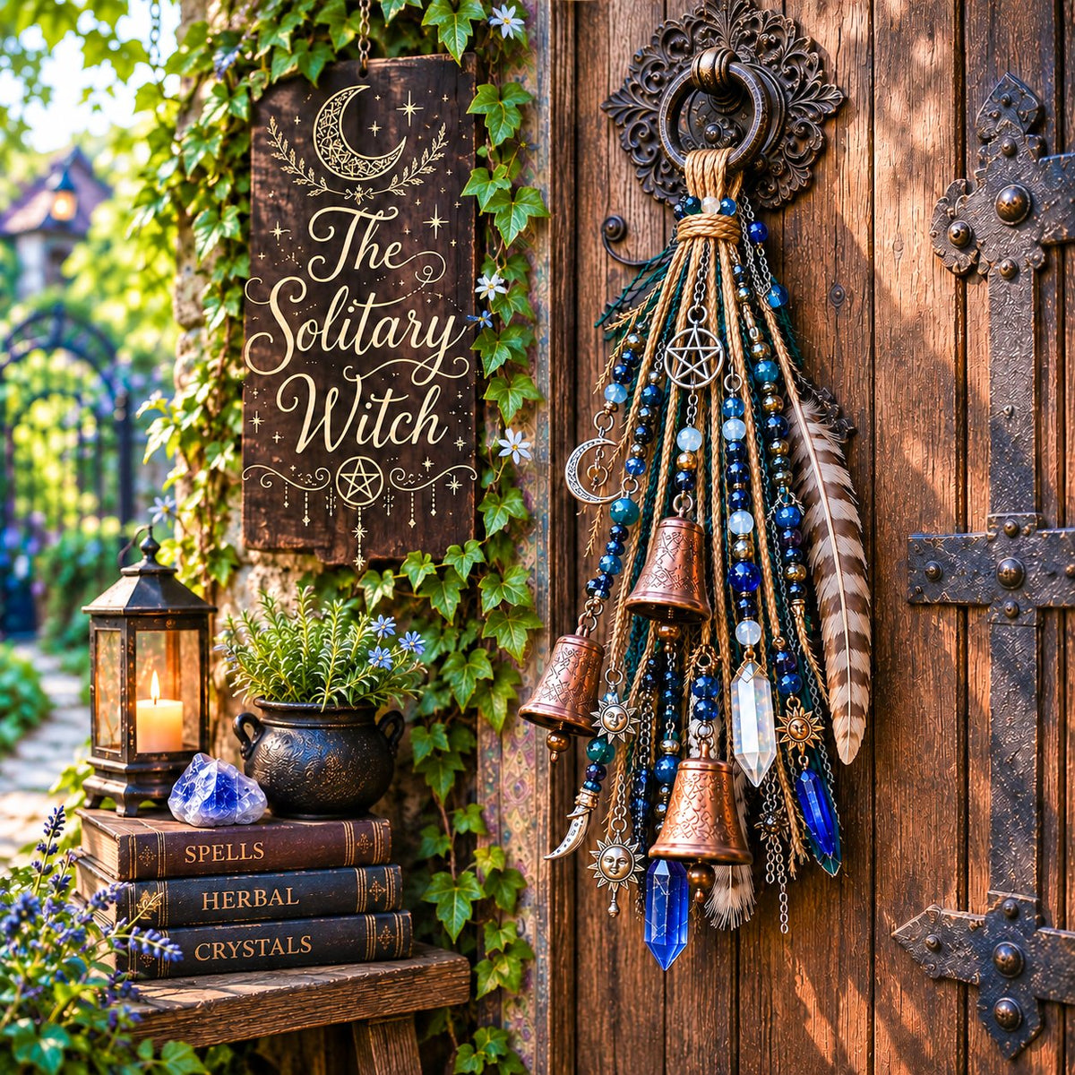 🔮🌙 The Solitary Witch Door Charm — Celestial Hanging Decor with Crystals, Feathers & Vintage Bells