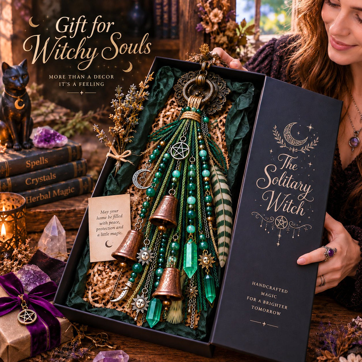 🔮🌙 The Solitary Witch Door Charm — Celestial Hanging Decor with Crystals, Feathers & Vintage Bells