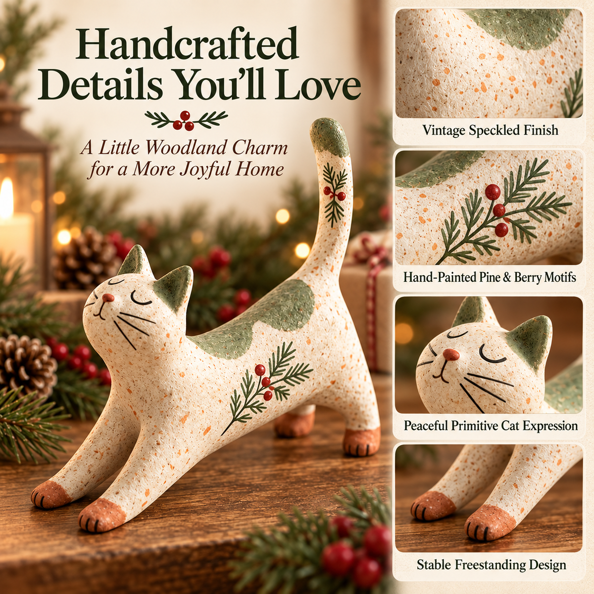 🐈🎄 Figurine de chat de Noël des bois : un petit compagnon des bois tout douillet pour votre maison pendant les fêtes