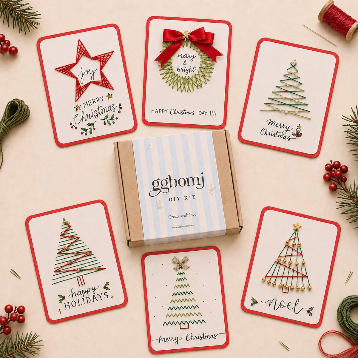 🎄🧵 Kit DIY de cartes de Noël brodées (6 modèles) — une carte unique, un geste fait avec le cœur
