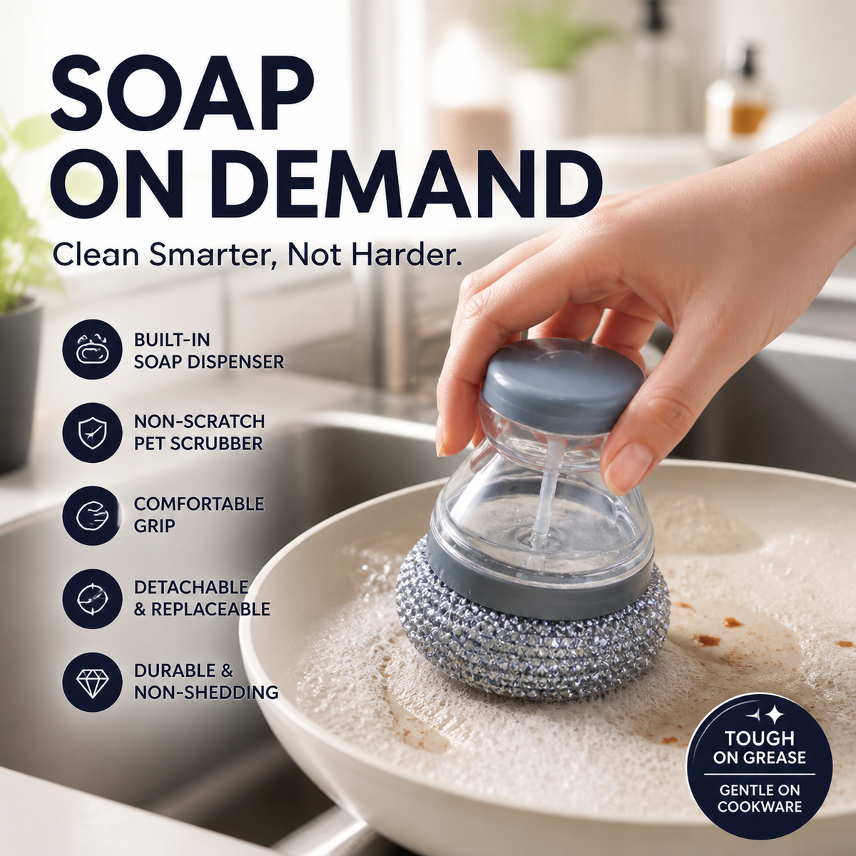 🧼Brosse à vaisselle « Press & Scrub » — Distributeur de savon intégré, nettoyage d'une seule main, plus besoin de prendre le flacon