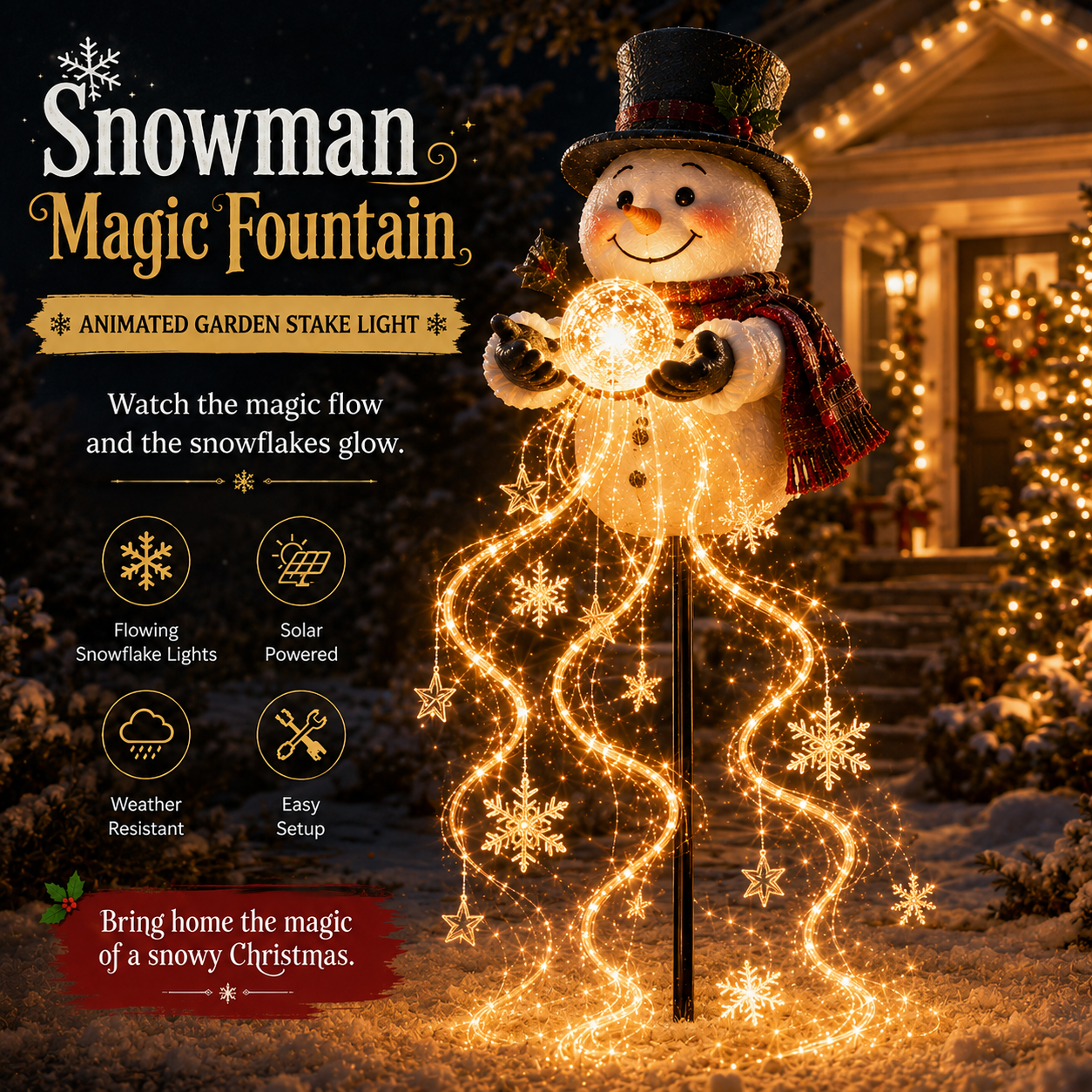 ⛄☀️ Fontaine magique « Bonhomme de neige nordique » — Guirlande de Noël à énergie solaire avec des flocons de neige lumineux