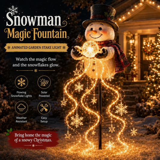⛄☀️ Fontaine magique « Bonhomme de neige nordique » — Guirlande de Noël à énergie solaire avec des flocons de neige lumineux
