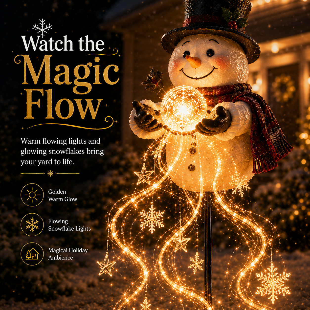 ⛄☀️ Fontaine magique « Bonhomme de neige nordique » — Guirlande de Noël à énergie solaire avec des flocons de neige lumineux