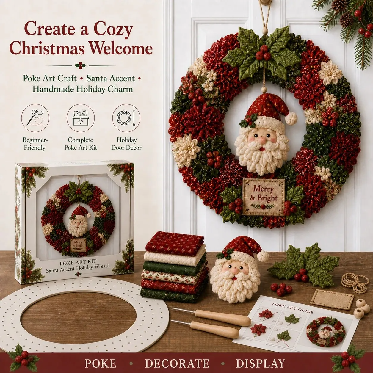 🎄🧶 Créez une décoration de Noël accueillante — Kit de bricolage « Poke Art » pour couronne de Noël