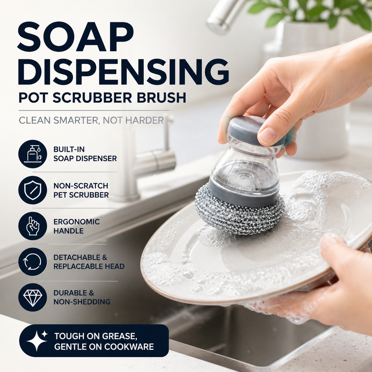 🧼Brosse à vaisselle « Press & Scrub » — Distributeur de savon intégré, nettoyage d'une seule main, plus besoin de prendre le flacon