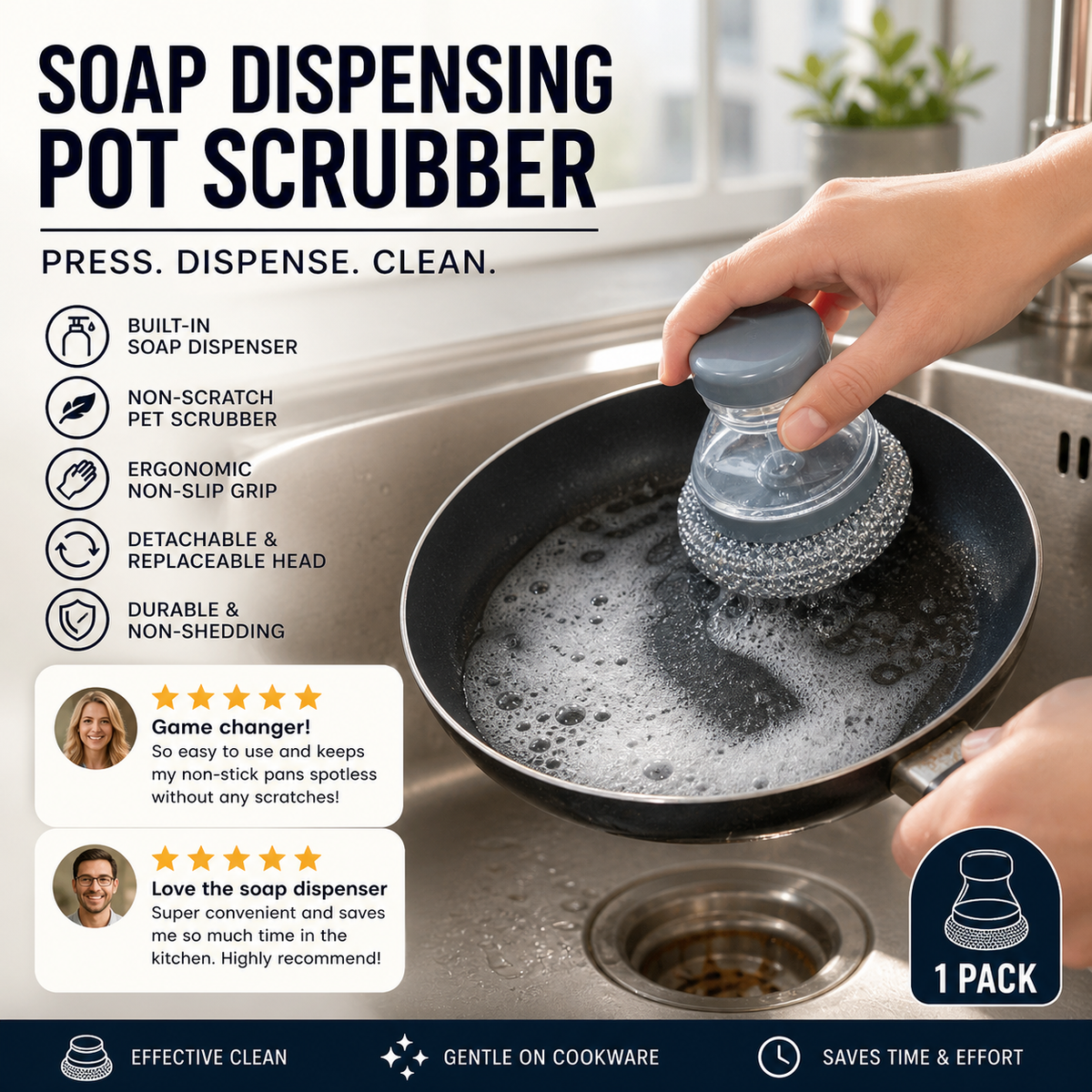 🧼Brosse à vaisselle « Press & Scrub » — Distributeur de savon intégré, nettoyage d'une seule main, plus besoin de prendre le flacon