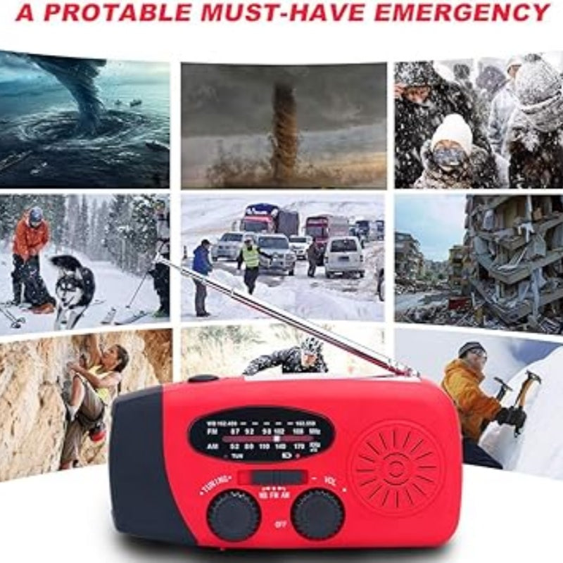 📻Radio d'urgence multifonction — Recharge solaire, à manivelle et par USB, avec AM/FM/NOAA, lampe torche LED et batterie externe de 600 mAh