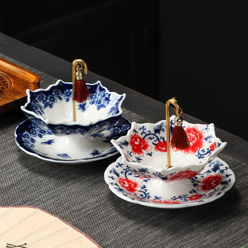 🍵✨ Élégante passoire à thé en céramique en forme de parapluie — Poignée en cuivre, maille fine et soucoupe assortie