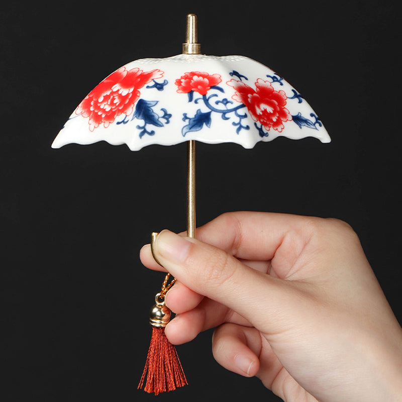 🍵✨ Élégante passoire à thé en céramique en forme de parapluie — Poignée en cuivre, maille fine et soucoupe assortie