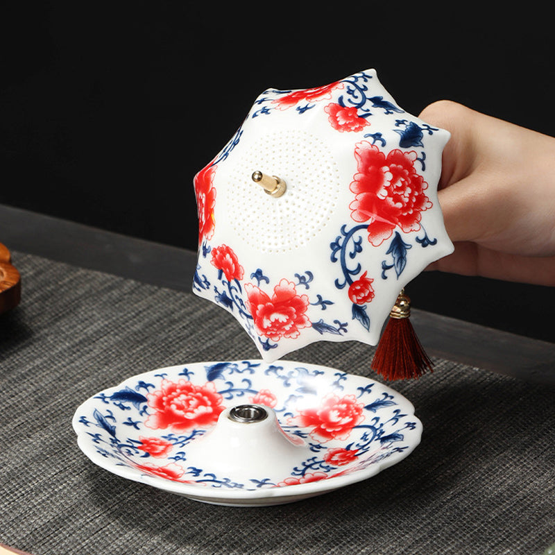 🍵✨ Élégante passoire à thé en céramique en forme de parapluie — Poignée en cuivre, maille fine et soucoupe assortie