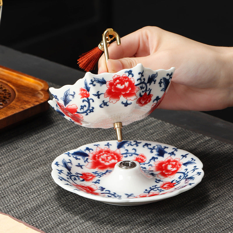 🍵✨ Élégante passoire à thé en céramique en forme de parapluie — Poignée en cuivre, maille fine et soucoupe assortie