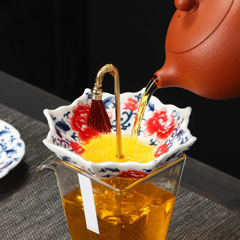 🍵✨ Élégante passoire à thé en céramique en forme de parapluie — Poignée en cuivre, maille fine et soucoupe assortie