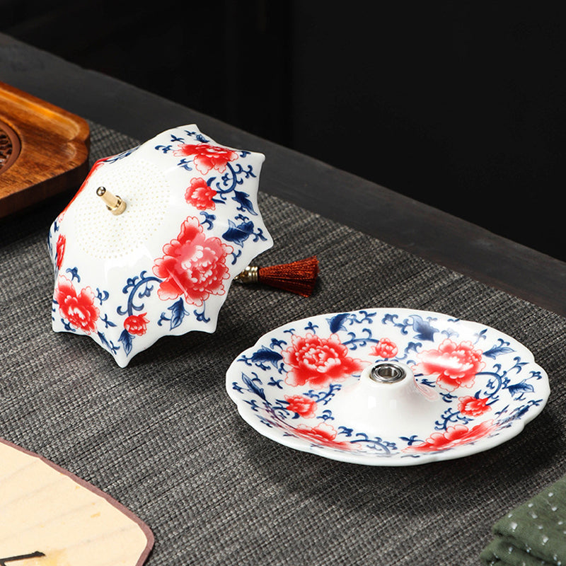 🍵✨ Élégante passoire à thé en céramique en forme de parapluie — Poignée en cuivre, maille fine et soucoupe assortie