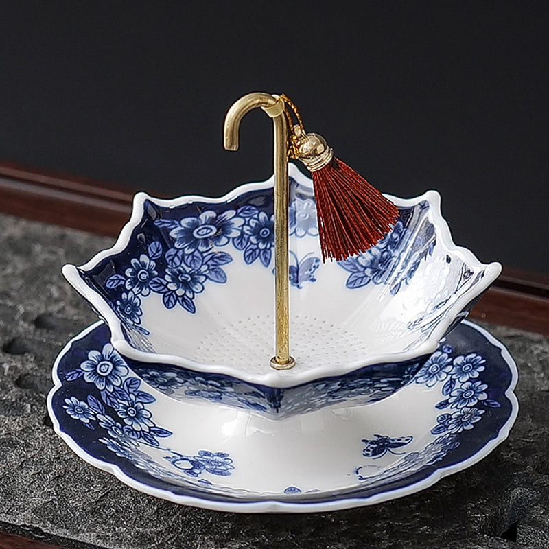 🍵✨ Élégante passoire à thé en céramique en forme de parapluie — Poignée en cuivre, maille fine et soucoupe assortie