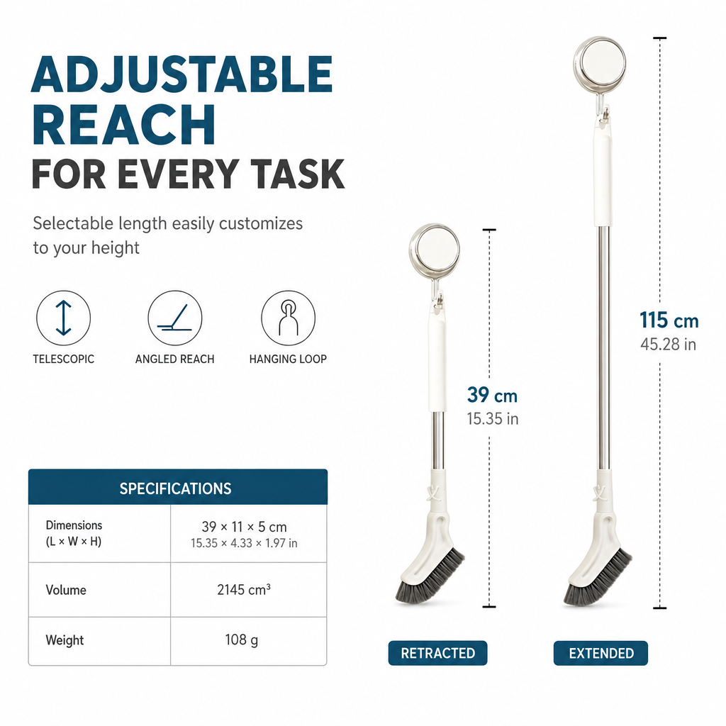 🧹 Brosse de nettoyage multifonction extensible — Manche long réglable pour les sols, les coins et les bouches d'aération en hauteur