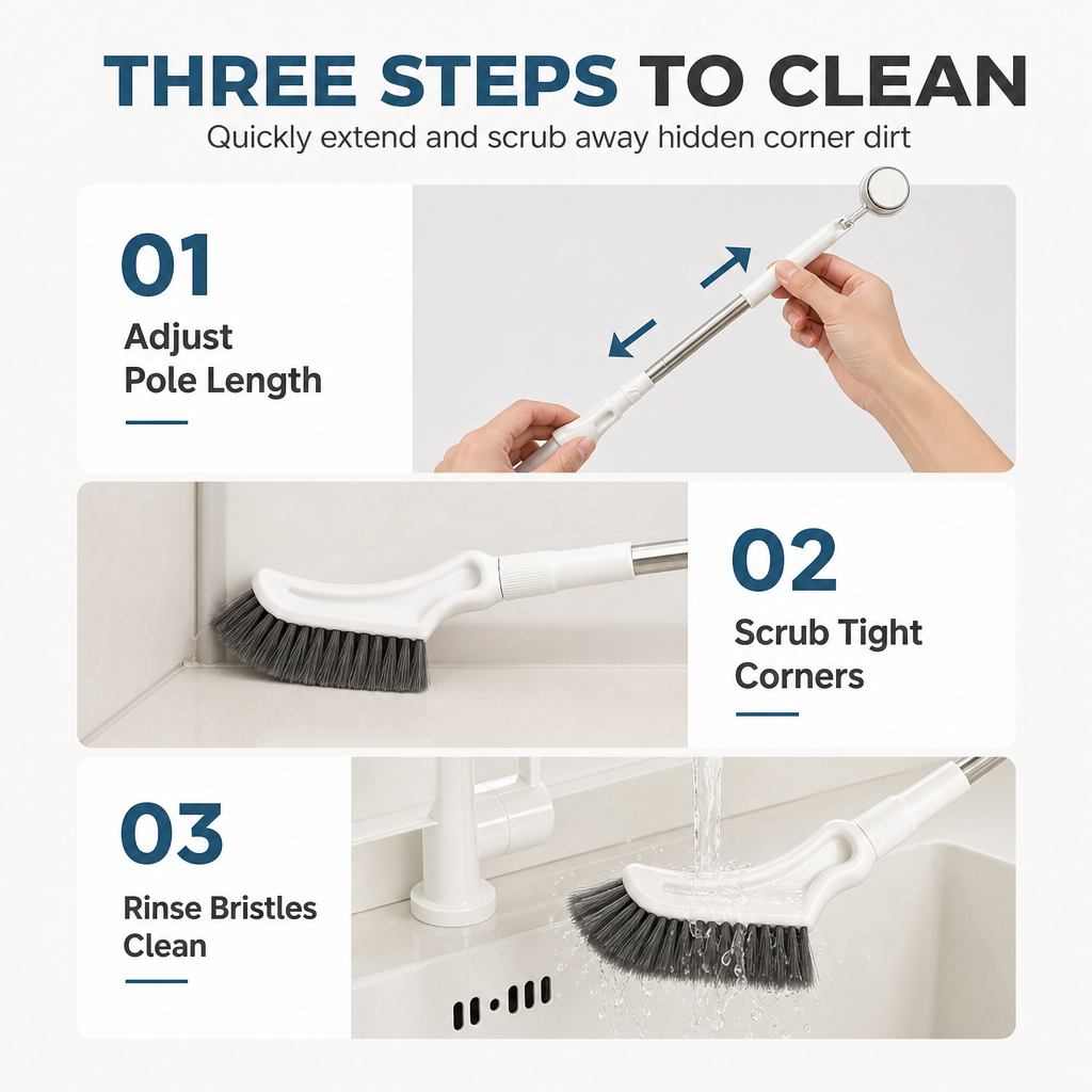 🧹 Brosse de nettoyage multifonction extensible — Manche long réglable pour les sols, les coins et les bouches d'aération en hauteur